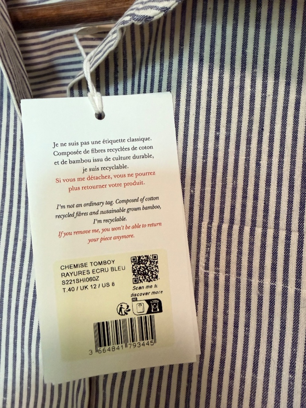 Sezane Tomboy button down shirt Ecru/ Blue sz8 NWT! - Picture 4 of 7
